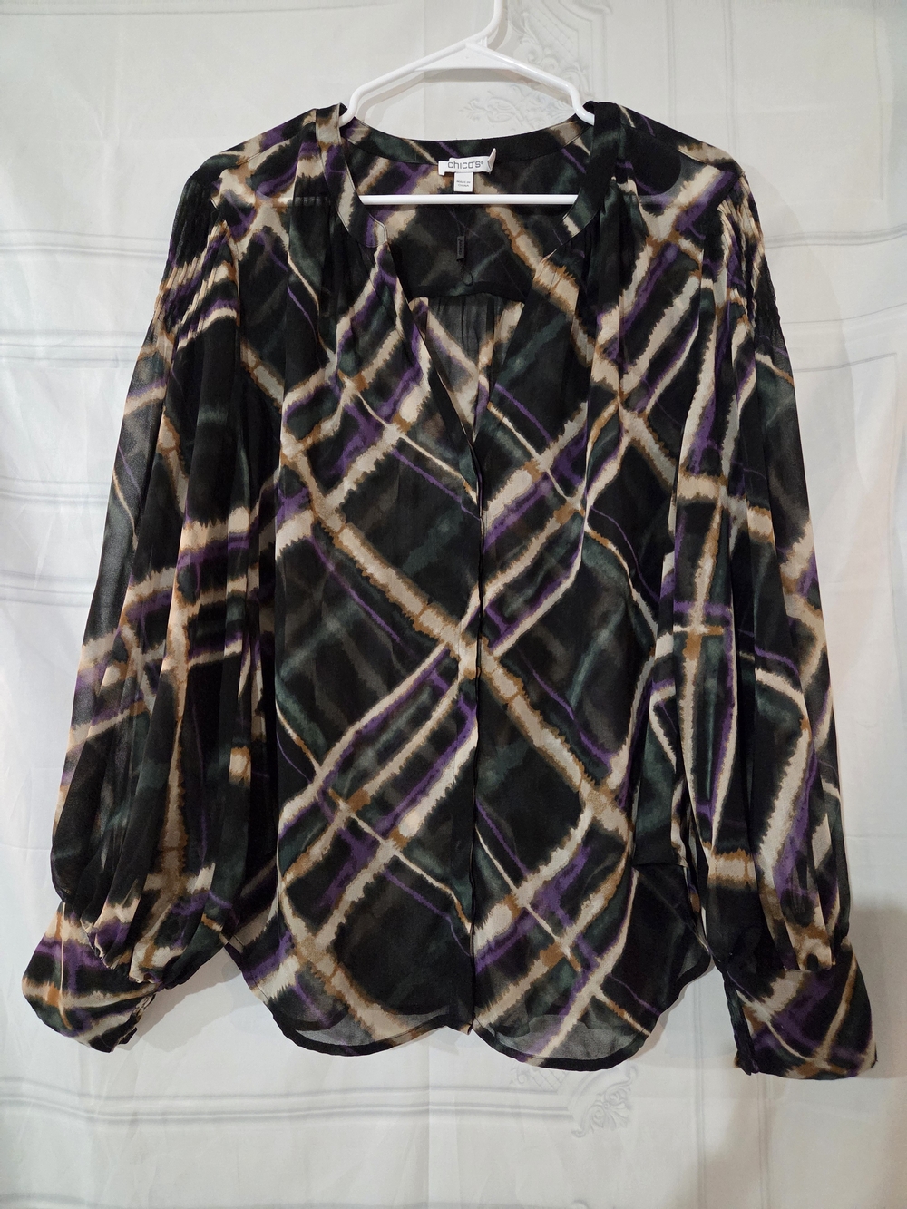 Chico's Black, Purple & Tan Plaid Sheer Button-Down Blouse
